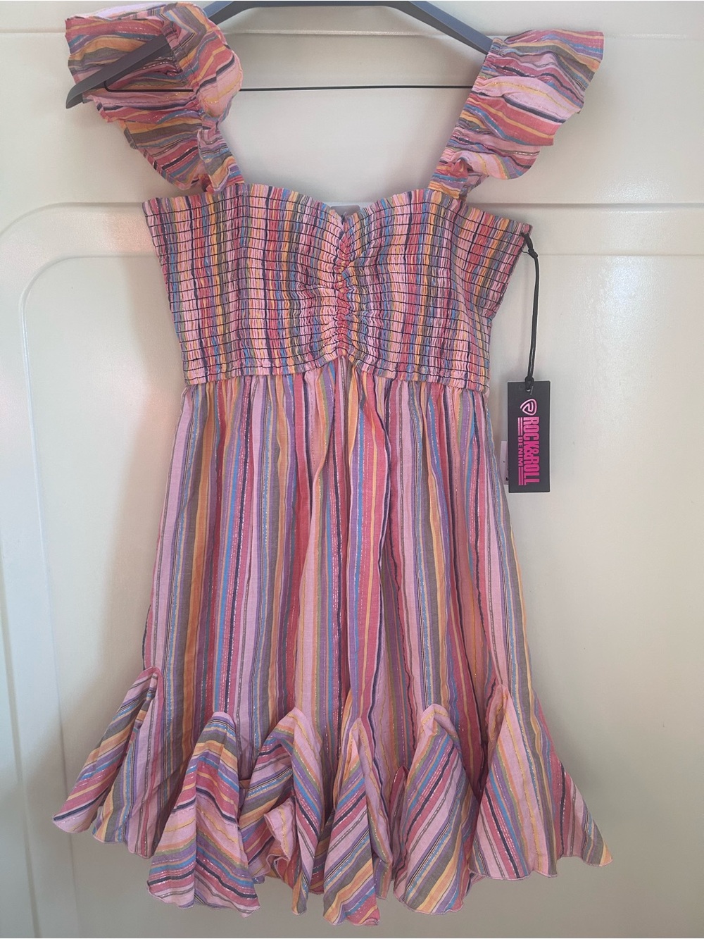 Rock & Roll Denim Pink Multi-Stripe Ruffle Dress